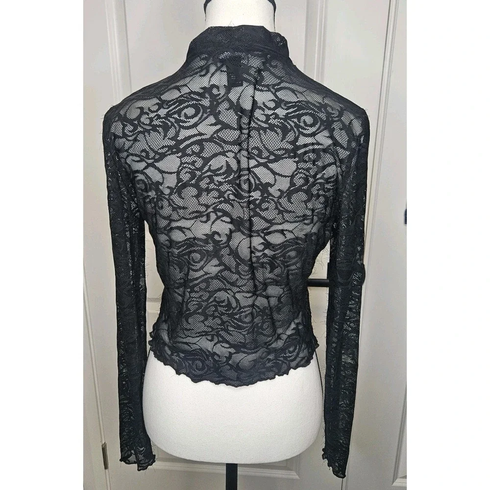Forever 21 Lace Mesh Longsleeve Top Stretch Sheer‎ Size Medium Black Y2k Style